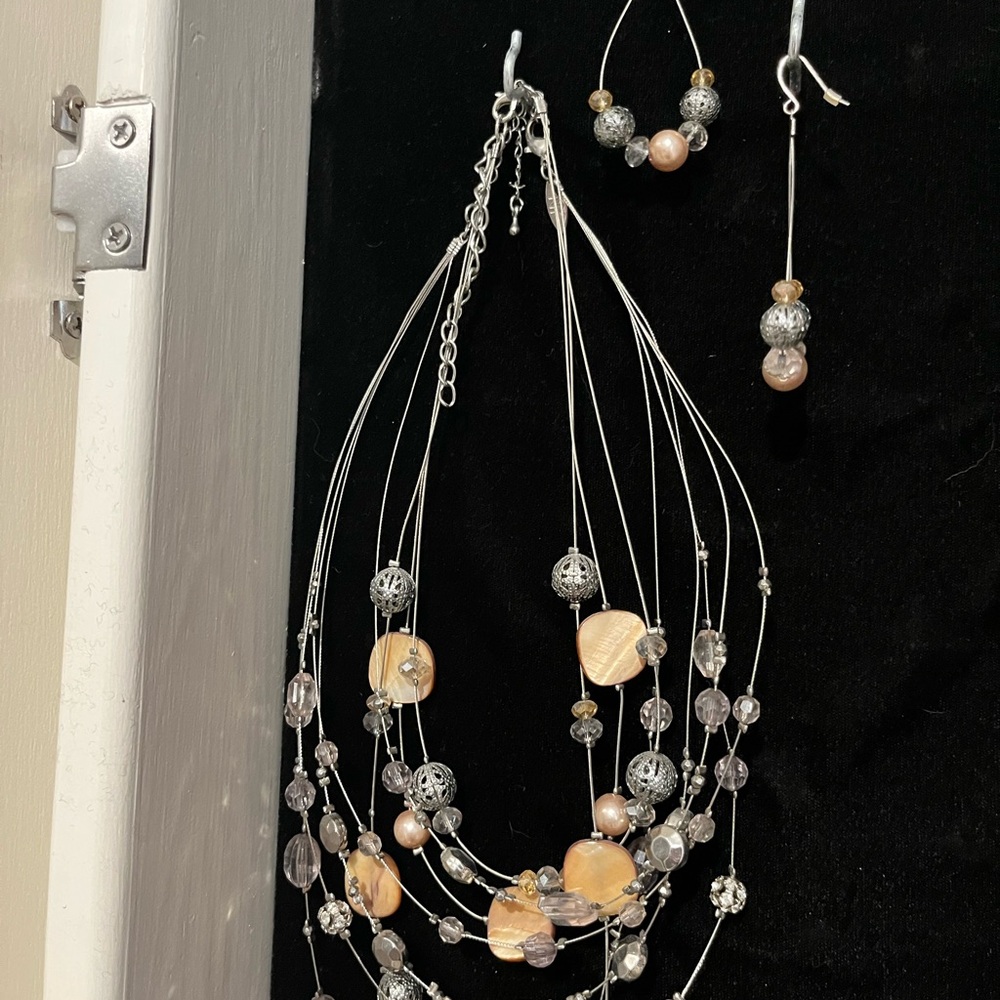 Elegant Multi-Strand Silver and Beige-y gold Necklace and Earring Set